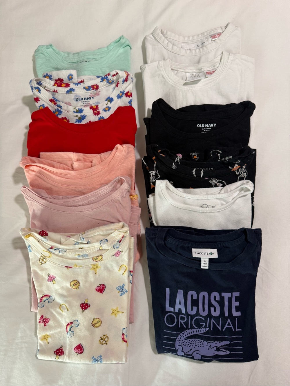 Lacoste, Zara, Old Navy, Cat & Jack, Girls T-Shirt Lot Size 6Y 100% Cotton
